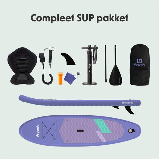 LifeGoods SUP Board Allround Compact - met Zitje - 100 KG Draagkracht - 300 x 76 cm - Opblaasbaar - Compleet SUP pakket - Paars