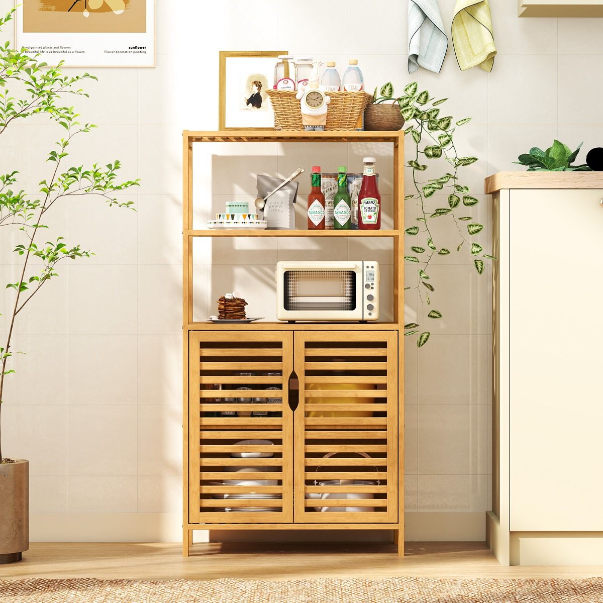 Coast Bamboe Boekenkast met Deuren – 4-Laags Opbergkast met Lamellendeuren – 60 x 33 x 116 cm – Naturel