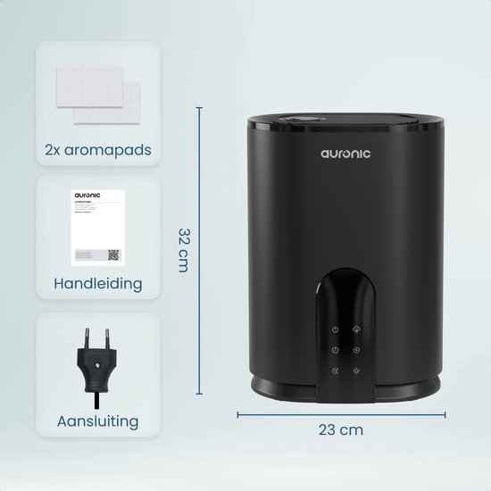 Auronic Luchtbevochtiger - 4 Liter - 40m2 - Geschikt voor Woonkamer, Kantoor, Slaapkamer, Babykamer en Meer - Met Aromatherapie - BPA-Vrij - Zwart