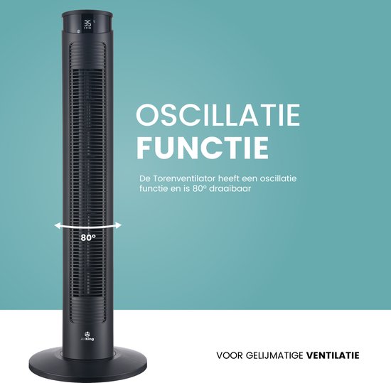 AirKing Torenventilator 94cm - Kolomventilator met Afstandsbediening - Timer - 3 Snelheidsstanden - Oscillatie & Dimbaar LED Scherm - Energiezuinig - Koelventilator voor Kamer - Zwart