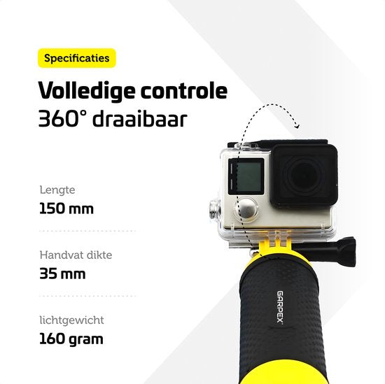 Garpex® Drijvende Handgrip - Drijvend Statief - Universeel - Geschikt voor alle action camera - Selfiestick - Inclusief verstelbare polsband en duimschroef