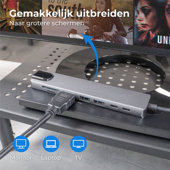 Nuvance - USB C Hub 3.0 – 8 Poorten - USB Splitter met Ethernet - USB C naar HDMI - USB Hub 3.0 - Docking Station Laptop - Micro SD Card Reader - HDMI 4K - Grijs