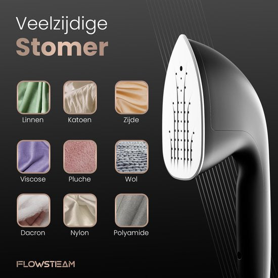 FLOWSTEAM® PRO Kledingstomer - Handstomer - Stoomreiniger - Stoomapparaat Kleding - 150 Minuten Stomen - 2.5M Snoer - Zwart