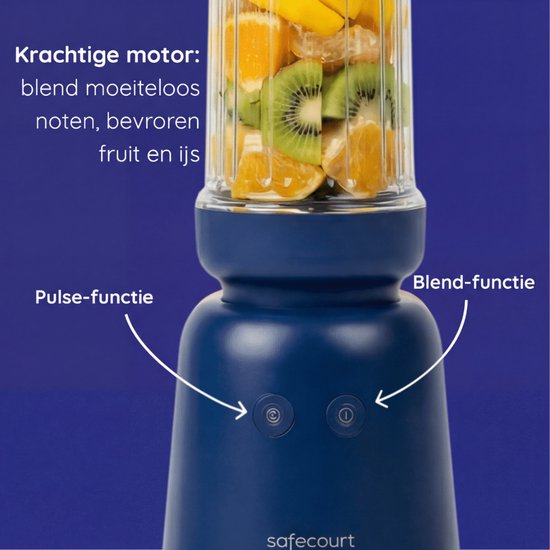 Safecourt Kitchen PureBlend - 1000W Smoothie maker - BPA vrij - inclusief to-go drinkdeksel + rietje- Premium Tritan blendbekers - Blauw