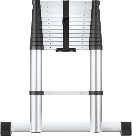 tectake® Telescoopladder met 13 Sporten - Vouwladder - 3,85 Meter - Soft Close - Anti Slip - Uitschuifbare Telescopische Ladder - Trapladder - Lichtgewicht Aluminium Trap - Betrouwbare Vergrendeling