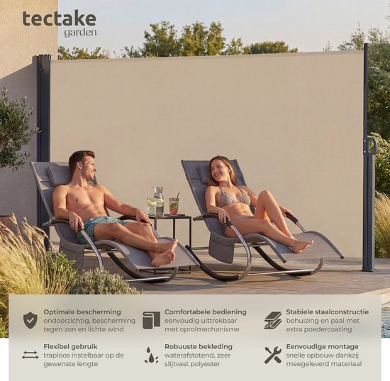 tectake® Uitschuifbaar Windscherm met Oprolmechanisme - 300 x 180 cm - Zijluifel met Aluminium Frame- Zonnescherm - Tuinscherm - Beige Balkonscherm - Ondoorzichtbaar Privacyscherm - Markiesdoek
