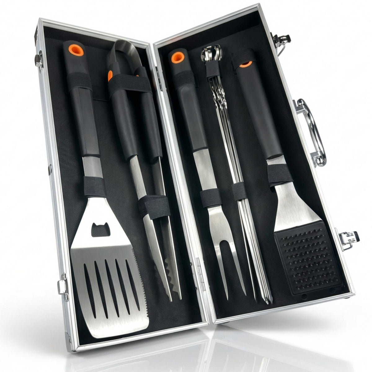 Curry Master Barbecuebestek Set in Aluminium Koffer - Roestvrij Staal met 6 Spiezen - 43 x 17 x 8 cm