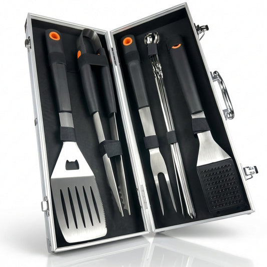 Curry Master Barbecuebestek Set in Aluminium Koffer - Roestvrij Staal met 6 Spiezen - 43 x 17 x 8 cm