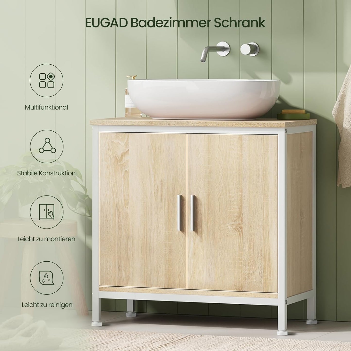 EUGAD wastafel onderkast - 60 x 60 x 30 cm - wit en licht eiken - met verstelbare tussenschot