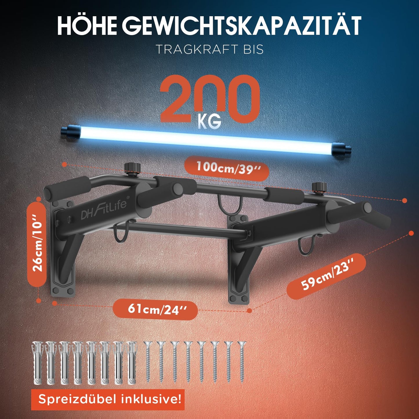 DH FitLife Optrekstang - 4-in-1 - Wandmontage - 200kg - 100x26cm - Zwart