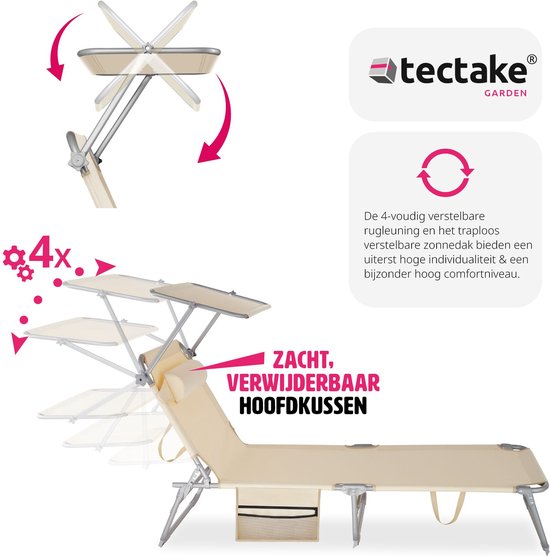 tectake® - ligbed Zonnestoel ligstoel - 4 standen , inklapbaar – beige - 68 x 190 x 28 cm, met zijvak