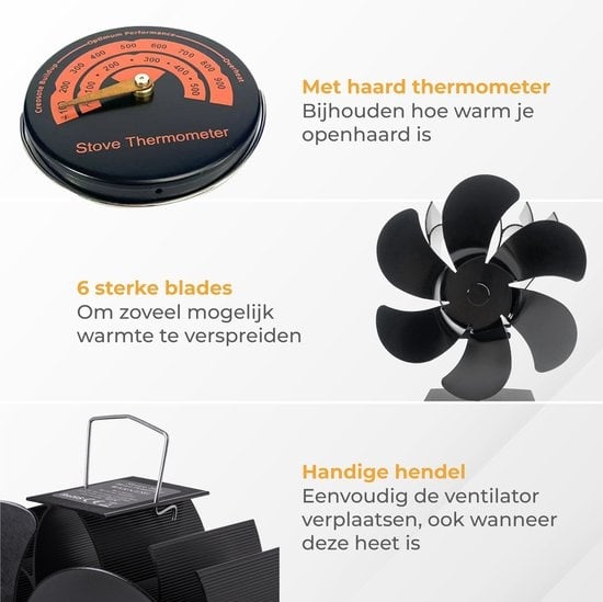 Nuvance - Kachelventilator voor Houtkachel - Inclusief Thermometer - Haardventilator - Kachel Ecofan - Warmte Ventilator - Zwart