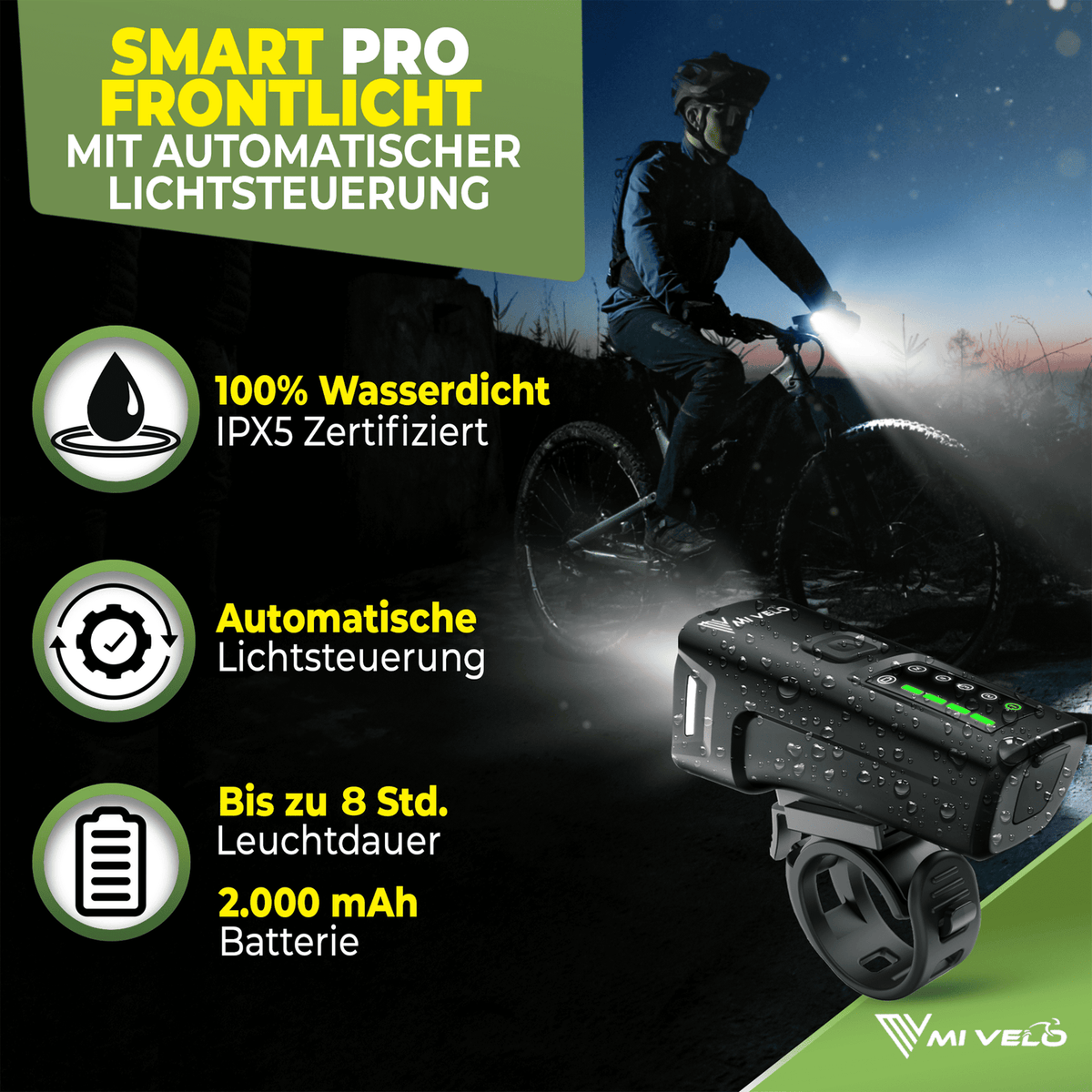 Mivelo Fietsverlichtingsset - StVZO-goedgekeurd - USB-oplaadbaar - 100% waterdicht - LED voor- en achterlicht - Met remlichtfunctie (SMART PRO)