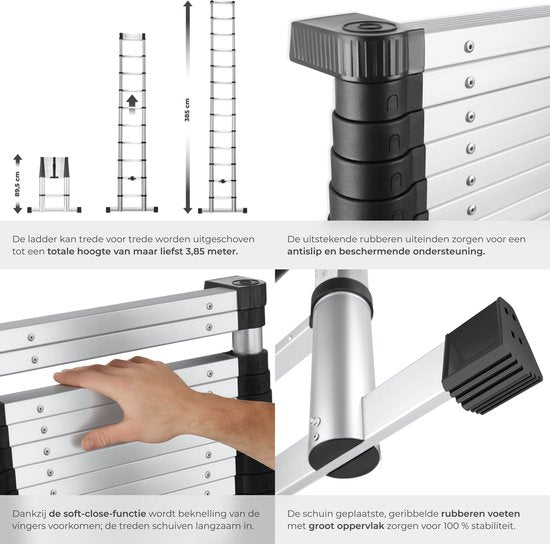 tectake® Telescoopladder met 13 Sporten - Vouwladder - 3,85 Meter - Soft Close - Anti Slip - Uitschuifbare Telescopische Ladder - Trapladder - Lichtgewicht Aluminium Trap - Betrouwbare Vergrendeling