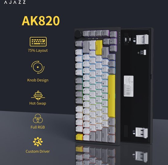 Ajazz AK820 - 75% Bedraad RGB Gaming Toetsenbord - Mechanisch - Gasket - Hot Swap - Volumeknop - QWERTY Toetsenborden- 82 Keys - Maanlicht geel