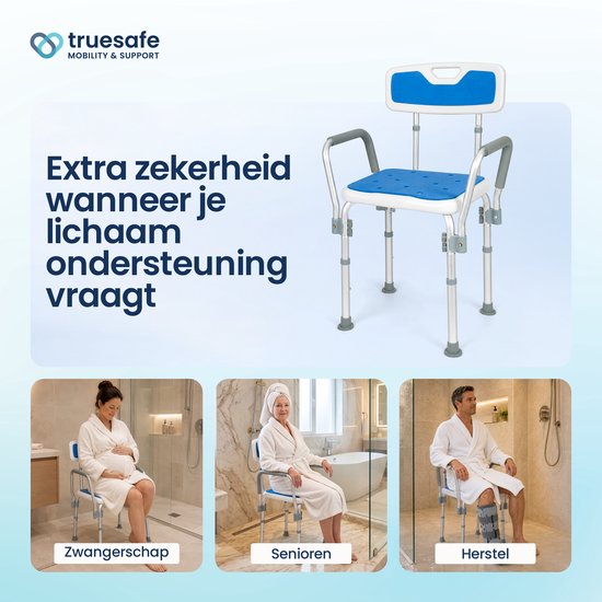 Truesafe Douchestoel met afneembare rug- en armleuning - Douchekruk - Badkamer Stoel - Antislip - Verstelbare Hoogte - Max 130 Kg + Douchezak