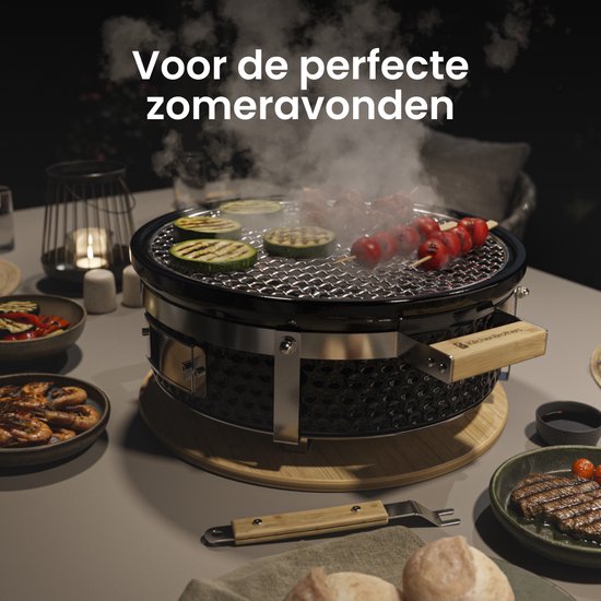 KitchenBrothers Kamado Hibachi Grill - Houtskool Barbecue - Shichirin Tafelgrill - PFAS-vrij - Ronde BBQ - Keramische Barbecue - Zwart