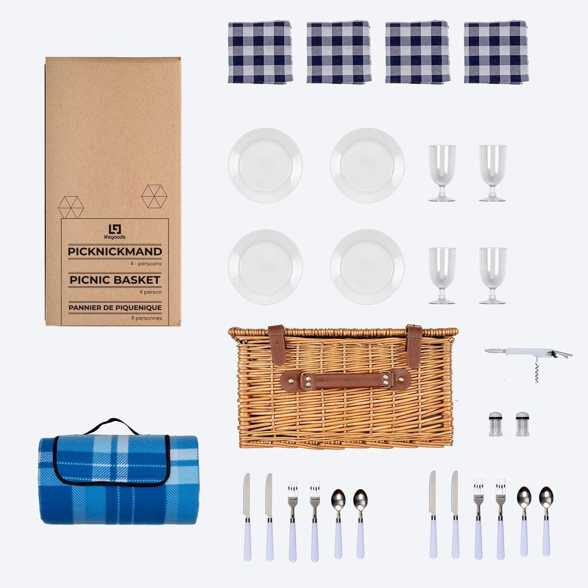 LifeGoods Picknickmand - 29-Delige Set met Picknickkleed - 4 Personen - PU-leer
