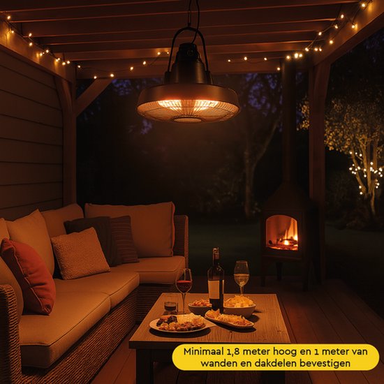 BRASQ Retro Elektrische Terrasverwarmer hangend – 3 warmtestanden – met afstandsbediening – IP24 -Spatwaterdicht - Voor binnen en buiten – 2000 W