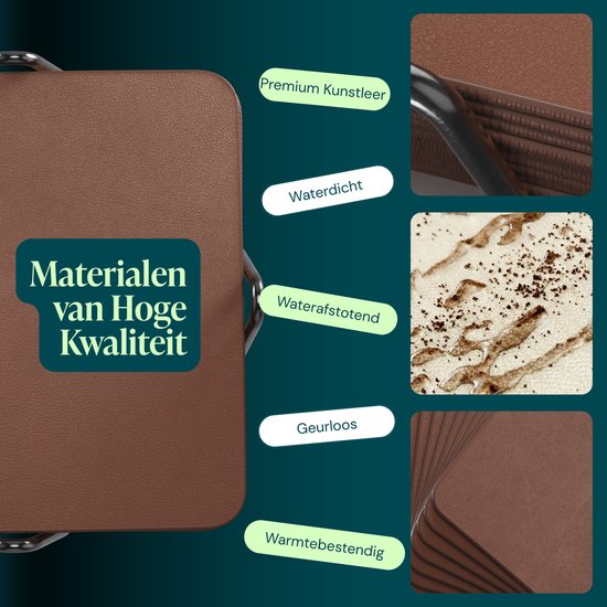 Castagnola Kunstlederen Onderzetters – Onderzetters voor Glazen – Design Onderzetters met Houder – Leren Onderzettersset met metalen houder – Leder – Set van 10 - Bruin - 10x10cm