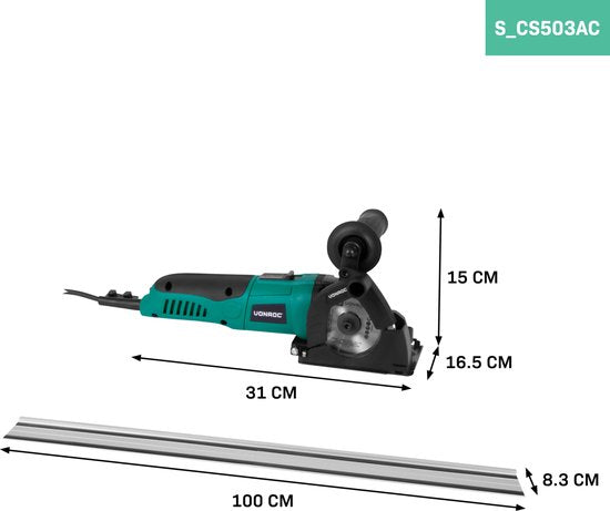 VONROC Mini cirkelzaag / invalzaag 500W - Ø85mm – Met geleiderail – Variabele snelheid - Incl. 3 zaagbladen