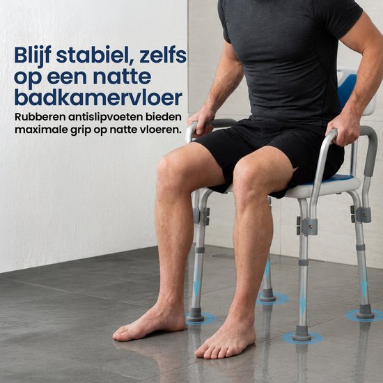 Truesafe Douchestoel met afneembare rug- en armleuning - Douchekruk - Badkamer Stoel - Antislip - Verstelbare Hoogte - Max 130 Kg + Douchezak