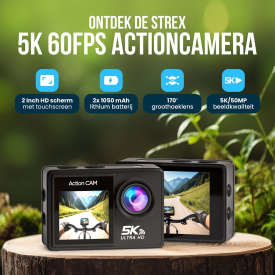 Strex Action Camera 5K 50MP WiFi - Onderwatercamera 30M Waterdicht - Met Touchscreen en Microfoon - Inclusief Accessoires - Actie Camera 60FPS