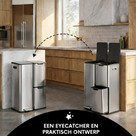 Bayt Prullenbak - Prullenbak 60 Liter - Vuilnisbak 60 Liter - Pedaalemmer 60 Liter - Prullenbak Afvalscheiding - Prullenbak 3 Vakken - Afvalbak - RVS - Zilver