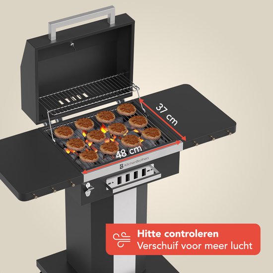 KitchenBrothers Houtskool Barbecue Grill – Met Deksel, Warmhoudrek & Wielen – 81 x 48 x 94 cm – Zwart