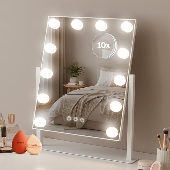Fraay® Hollywood Spiegel met Verlichting 41x30cm - 3 Lichtstanden - Make Up Spiegel met 10x Vergrootspiegel - LED Verlichting Dimbaar - Incl. Beauty Blenders en Powder puff