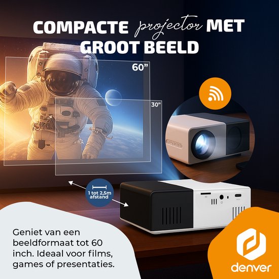 Denver Mini Beamer - Full HD 1920*1080P - 30 ANSI Lumen - Projector - Thuisbioscoop - HDMI - USB-C - PR1000