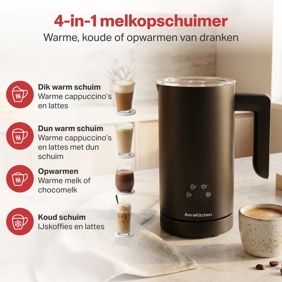 AoraKitchen Melkopschuimer - 300ML - Melkschuimer - RVS - Electrisch - 4-in-1 - Antikleeflaag - 500W