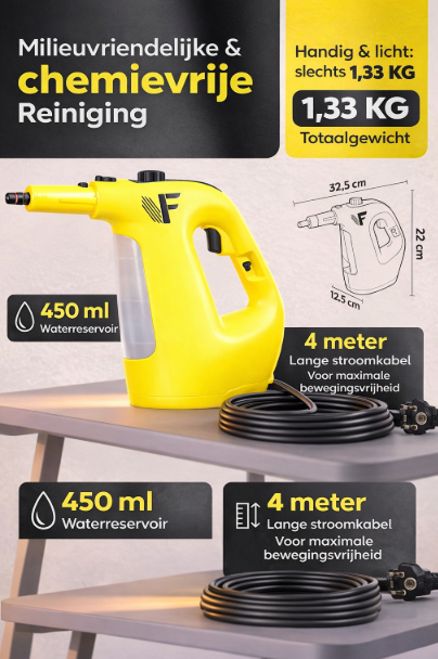 Neighbour's Friend 2-in-1 Stoomreiniger met Dweilfunctie 120 cm – Handstoomreiniger 1500 W – 450 ml – 4 m Snoer – Geel