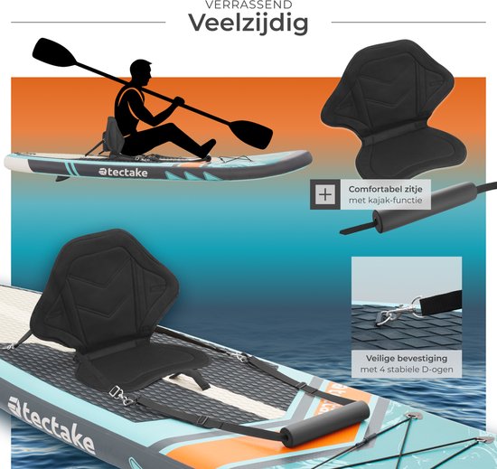 tectake® Stand-Up Paddle Board - SUP Plank - Opblaasbaar - Stabiel - 288 x 77 x 22,5 cm - Max 200kg - Oranje Turqoois