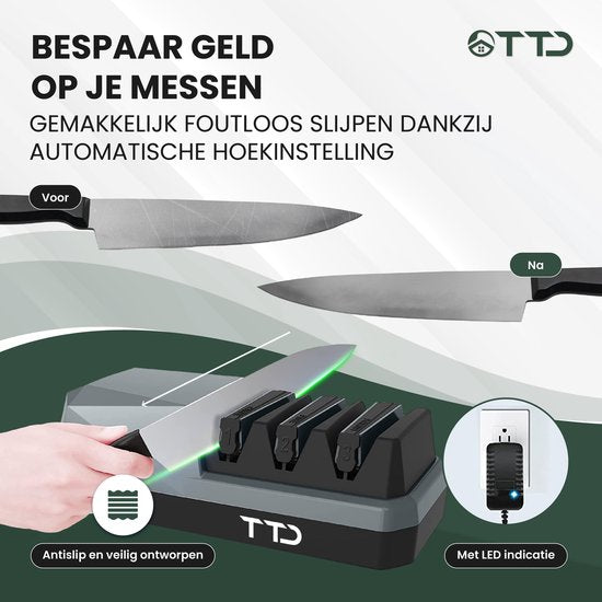 TTD® Premium Messenslijper Elektrisch - 3 Standen - Voorbewerken, Slijpen en Polijsten - Antislip - Doortrekslijper - Knife Sharpener - Aanzetstaal voor Messen