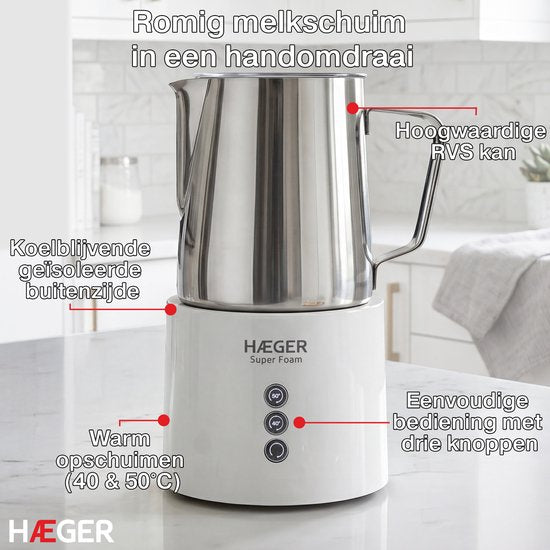 Haeger Super Foam Elektrische Melkopschuimer - BPA- & PFAS-Vrij - Warmhoudfunctie & Antikleeflaag - 250 ml - 600W - Handige Melkschuimer - Melkklopper - Wit