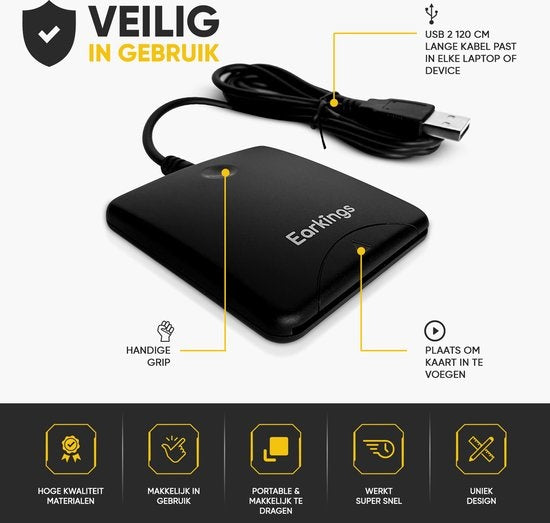 eID Kaartlezer Identiteitskaartlezer - Card Reader voor Identiteitskaart, CreditCards en overige Smart Cards - EarKings Kaartlezer Identiteitskaart geschikt voor MAC en Windows