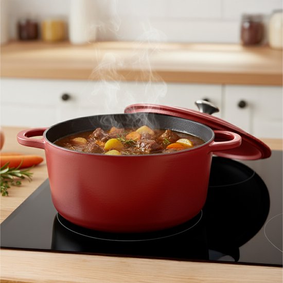 Aviro Gietijzeren Braadpan - Ø26CM - 5L - Alle Warmtebronnen Incl. Inductie - Stoofpot - PFAS-vrij - Met Deksel - Rood