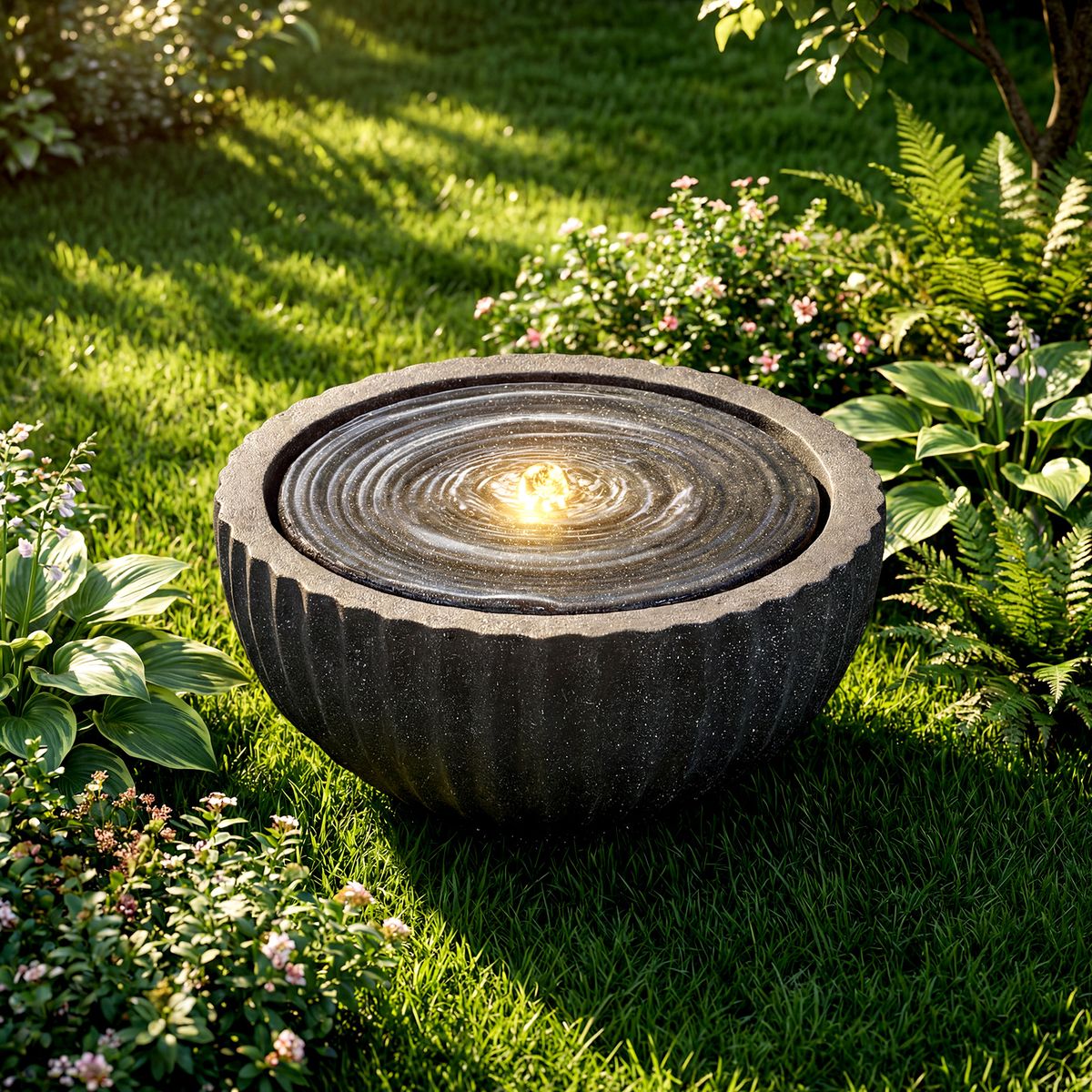 Coast Ronde Tuinfontein - met LED-verlichting - steenlook - 45 x 45 x 23,5 cm - zwart