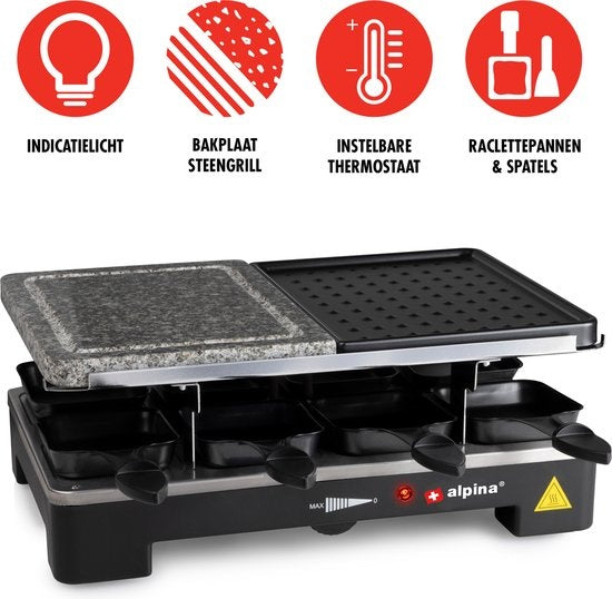 alpina Gourmetstel Bakplaat - 8 Personen - Incl. Spatels en Raclettepannetjes