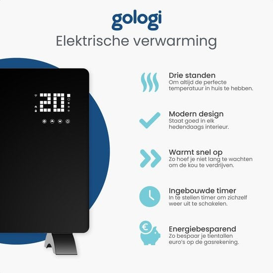 Gologi Elektrische Convectorkachel – 2000W – Thermostaat, App & Touchbediening – 42,3 x 33 x 11,5 cm – Zwart