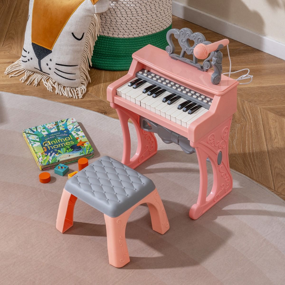 Coast Kinderkeyboardpiano - 25 toetsen - met krukje, muziekstandaard en microfoon - roze en grijs