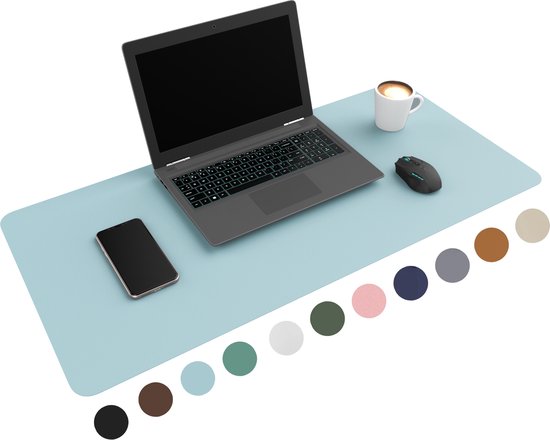 WURK Professionele Bureau Onderlegger Kunstleer - Bureau Organizer – Bureaumat – Bureau Accessoires – Muismat XXL - Inclusief Kabel Clip - Baby Blauw - 80x40