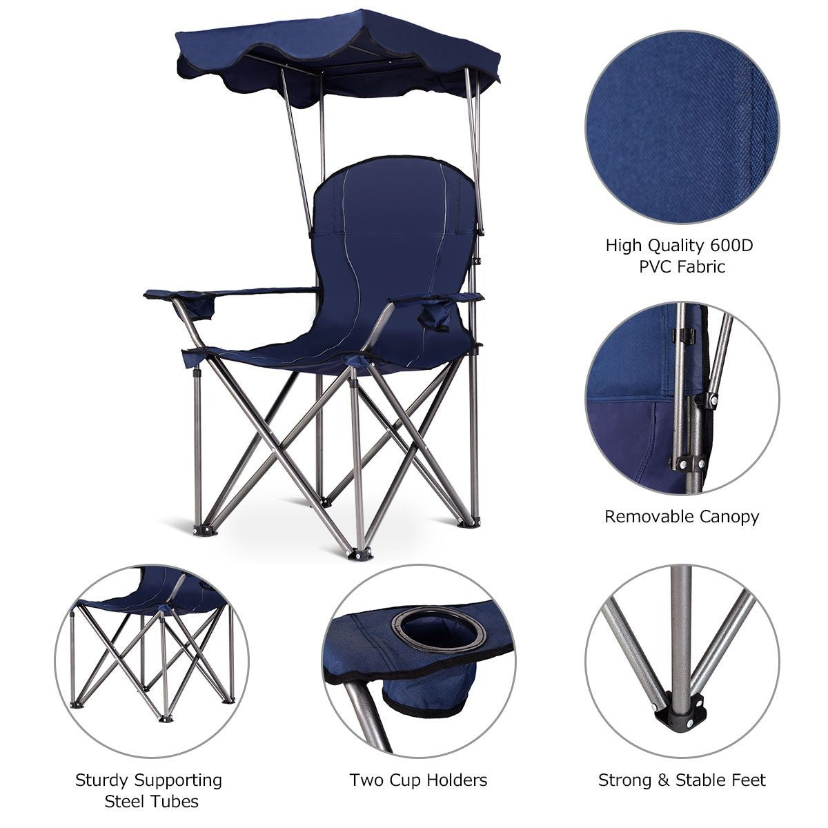 Coast Opvouwbare campingstoel- zonneluifel- bekerhouder Draagtas-96,5 x 67,5 x 130 cm - blauw