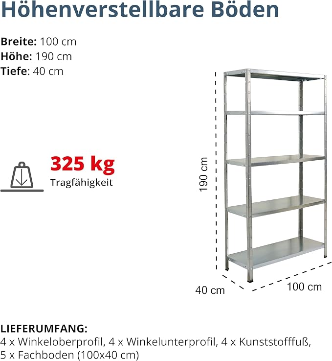 ERRO Storage Clicker 100 Stellingkast – 5 Metalen Legborden – 193 x 100 x 40 cm