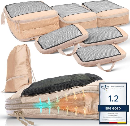 Packing Cubes met compressie voor koffer en rugzak incl. pakzak, Desert Whisper - Beige