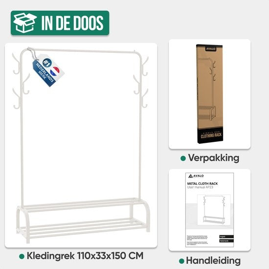Avalo Industrieel Kledingrek - Metaal - 110x33x150 CM - Wit - Opbergruimte Voor Schoenen - Garderoberek Met Haken