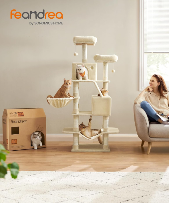 JoyFurnos Krabpaal XXL 168 cm - Kattenboom met 13 Krabpalen, 2 Kattenholen, Hangmat en Mand - Beige
