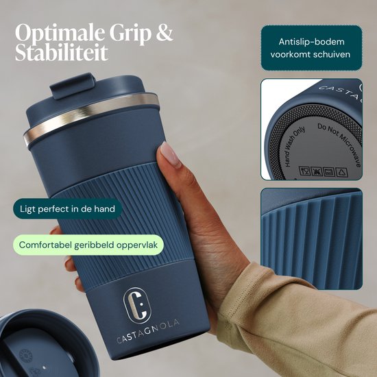 Castagnola Thermosbeker - Koffiebeker To Go - Travel Mug voor Koffie en Thee - Theebeker - 510 ML - RVS - Donkerblauw