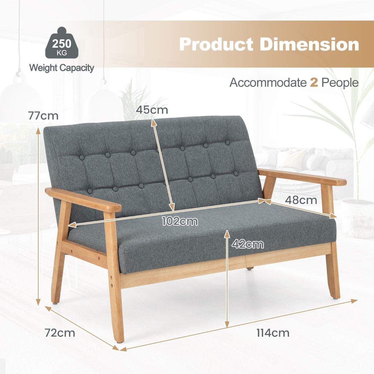 Coast Linnen Loveseat 2-Zits - Grijs - 114x72x77 cm - Rubberhouten Frame - Mid-Eeuws Design